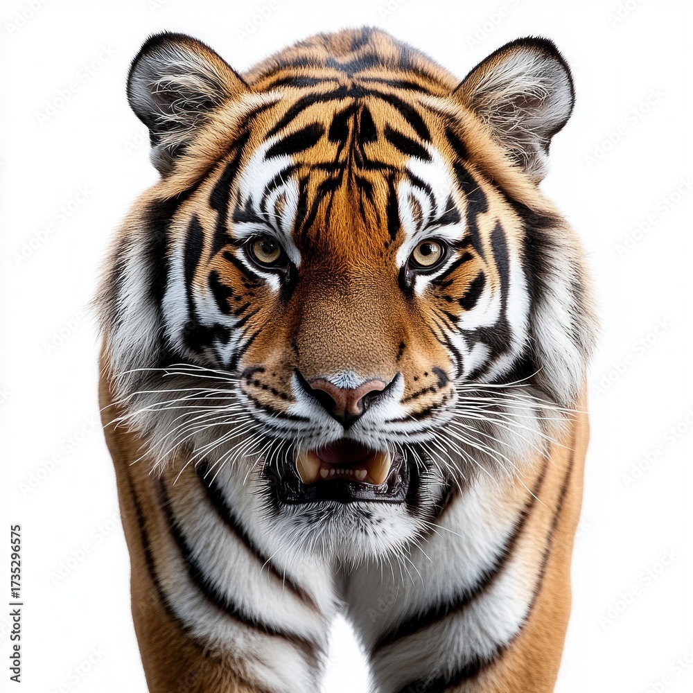 Obraz premium close-up front view of a majestic tiger walking forward with intense gaze and visible teeth against a white background