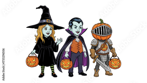 Spirited Halloween Trio: A captivating illustration presents three whimsical figures in Halloween costumes – a witch, a vampire, and a pumpkin-headed knight – each brandishing a Jack-o'-lantern. 
