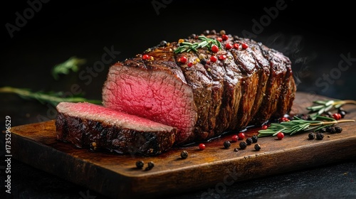 Juicy medium rare roasted beef tenderloin sliced on wooden cutting board garnished with rosemary and peppercorns