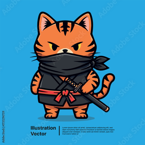 Adorable cartoon tiger cat character dressed as a fierce ninja with a katana sword, ready for action illustration