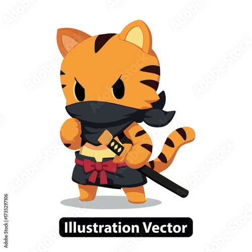 Adorable cartoon tiger character in ninja costume holding a traditional samurai katana sword ready for action