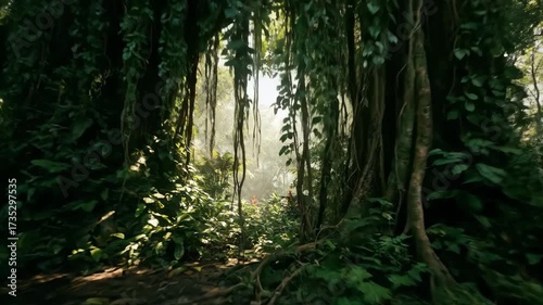 Slow tracking shot through dense, vibrant tropical island jungle foliage with soft diffused light dense, background, organic