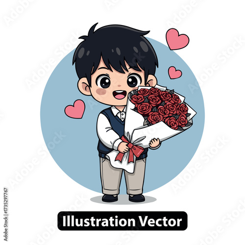 Cute cartoon boy character offering a beautiful bouquet of red roses with hearts, perfect for romantic gestures and special occasions