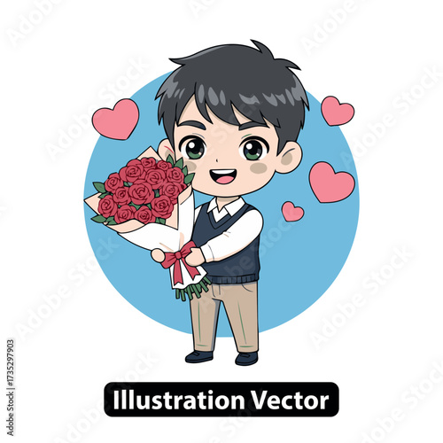 Adorable Chibi Boy Presenting a Beautiful Bouquet of Red Roses, Symbolizing Love and Affection