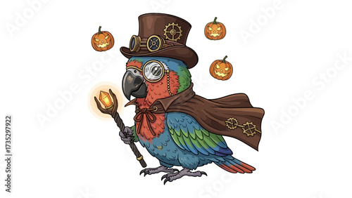 Steampunk Parrot: A captivating steampunk parrot wearing spectacles and a top hat, holding a magical staff in a whimsical setting surrounded by grinning jack-o'-lanterns.