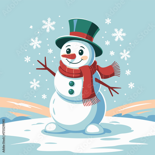 A cheerful cartoon snowman wearing a green top hat and red scarf stands in a snowy landscape with falling snowflakes