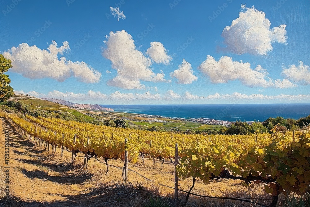 Fototapeta premium Sunny vineyard with rows of grapevines stretching towards a distant coastal town under a bright blue sky with scattered white clouds