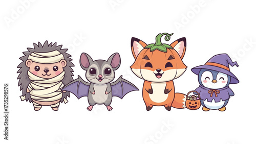 Halloween Animal Friends: A whimsical illustration features a hedgehog, a bat, a fox with a pumpkin hat, and a penguin, all dressed up for a spooky Halloween celebration.