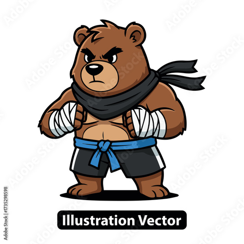 Dynamic illustration of a fierce cartoon bear fighter with boxing wraps and a determined expression, ready for action