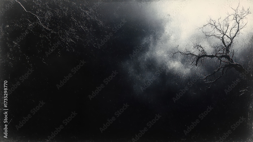 Fototapeta premium Dark and foggy night sky with bare twisted tree branches silhouetted against mist and scattered stars evoking mystery and solitude
