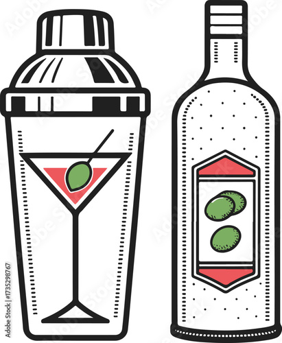 Cocktail Shaker and Liquor Bottle Illustration – Vintage Bar Drink Vector Design
