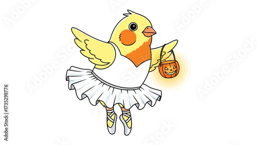 Bird in Ballerina Costume: A charming illustration of a vibrant yellow bird dressed as a ballerina for Halloween, holding a glowing pumpkin-shaped treat carrier and ballet shoes.