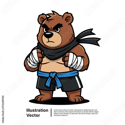 Dynamic cartoon bear character displaying intense strength and combat readiness in a fierce martial arts stance