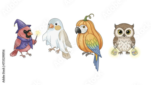 Enchanting Avian Quartet: A whimsical array of illustrated birds, each adorned in unique and fantastical attire, creating a captivating ensemble of wonder and imagination.