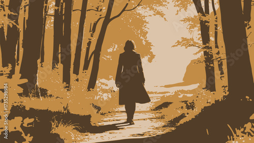 A solitary figure in a long coat walks down a sun dappled forest path surrounded by trees and foliage in a sepia tone