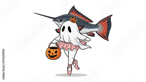 Halloween Fantasy: A whimsically illustrated scene presents a playful Halloween theme, merging the mystical charm of a ghost with the sleek elegance of a swordfish in an artistic, dreamlike depiction.