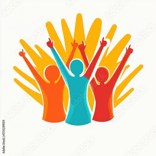 Three stylized human figures with raised arms in celebration or victory with large abstract yellow hands behind them expressing unity and excitement