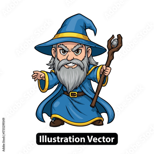 Powerful ancient sorcerer character illustration in blue robe and pointy hat holding a magical staff