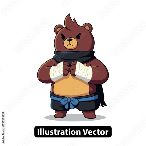 Strong and determined cartoon bear character ready for action in martial arts attire