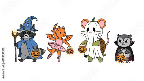 Whimsical Halloween Parade: A charming illustration showcases a delightful parade of costumed animals, each adorned in unique Halloween attire, celebrating the spirit of the season