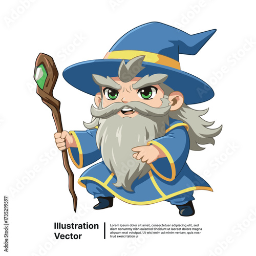 Illustrative Concept of a Powerful Fantasy Wizard Character Wielding a Magical Staff