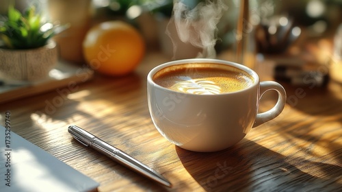Steaming Coffee Cup on Wooden Desk beside Pen and Notepad