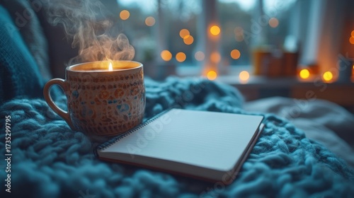 Steaming Mug and Journal on Cozy Blanket near Window Lights