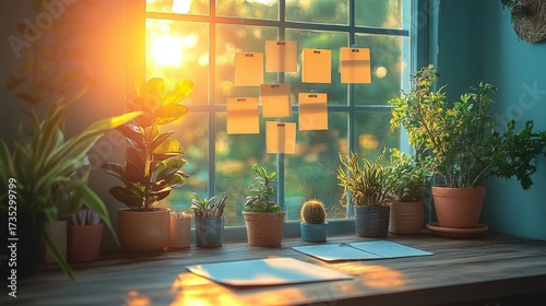 Desk plants and sticky notes against the window warm sunlight
