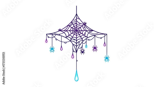 Mysterious Web: A spectral depiction of a spider web adorned with eerie spiders, evoking the chilling essence of Halloween in a simple, graphic style.