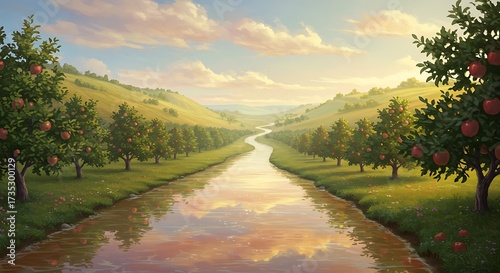 Lush River Valley with Apple Orchards and Reflective Water at Golden Hour