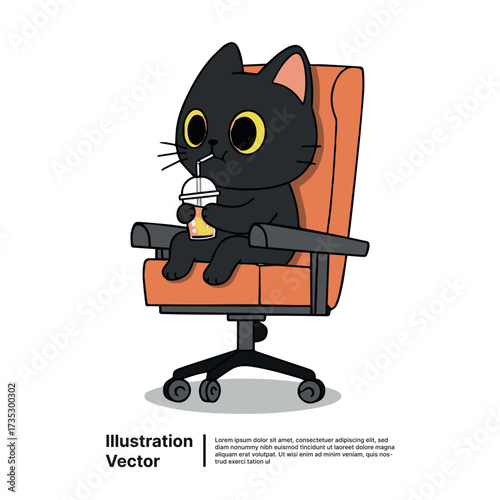 Adorable black cat character enjoys a refreshing beverage while relaxing comfortably in an orange office chair