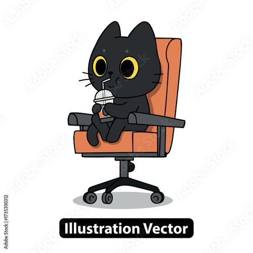Cute black cat character unwinding in an office chair, sipping a cool beverage through a straw
