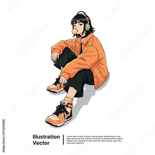 Trendy teen girl in headphones with bubblegum, embodying casual street style and youthful energy