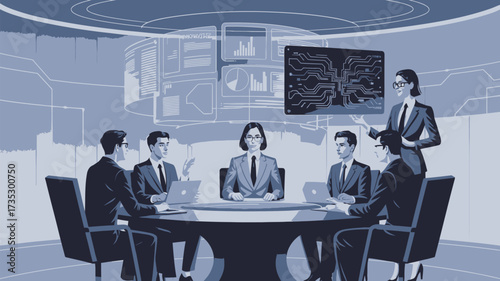 Diverse business professionals collaborate in a modern conference room analyzing data and technology on futuristic displays