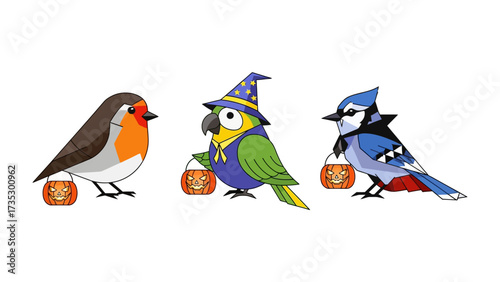 Halloween Avian Trio: Delightful avian figures, costumed for Halloween, each clutching a carved pumpkin lantern, create a festive and whimsical scene.