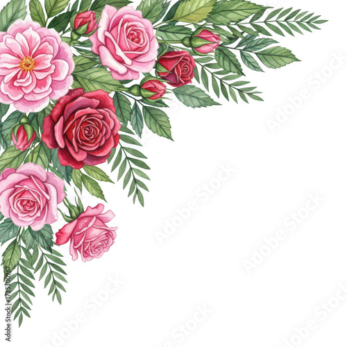 Romantic pink and red roses floral arrangement corner design lush greenery