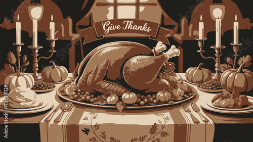 A beautifully illustrated sepia toned thanksgiving feast featuring a roasted turkey pumpkins grapes and candles with a give thanks banner