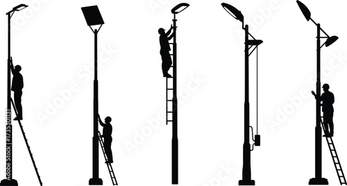 Vector illustration of workers maintaining and repairing urban streetlights on ladders, silhouettes of technicians fixing public lighting infrastructure design