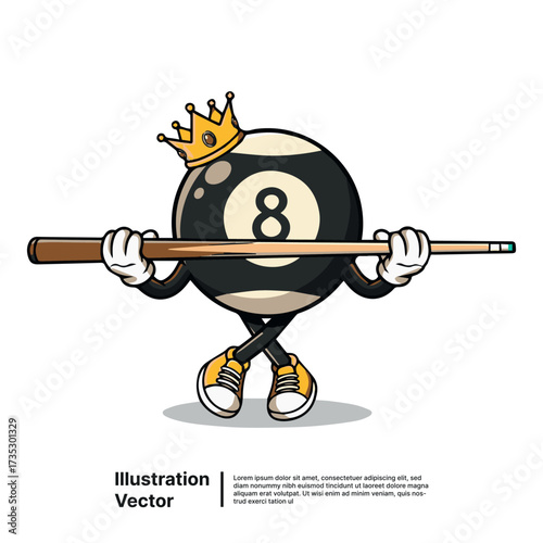 Dynamic Illustration of a Crowned 8-Ball Character Ready for a Game of Pool or Billiards
