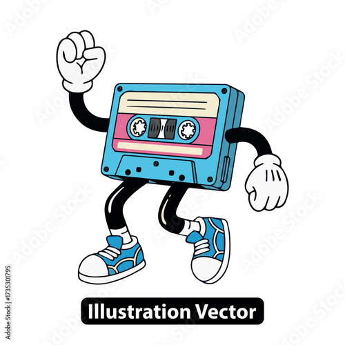 Playful Retro Audio Cassette Tape Character Dancing in Vibrant Vintage Style Illustration
