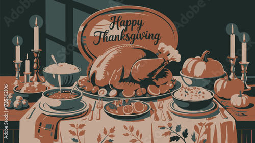 A festive thanksgiving dinner spread featuring a roasted turkey side dishes pumpkins and candles all set on a decorated table