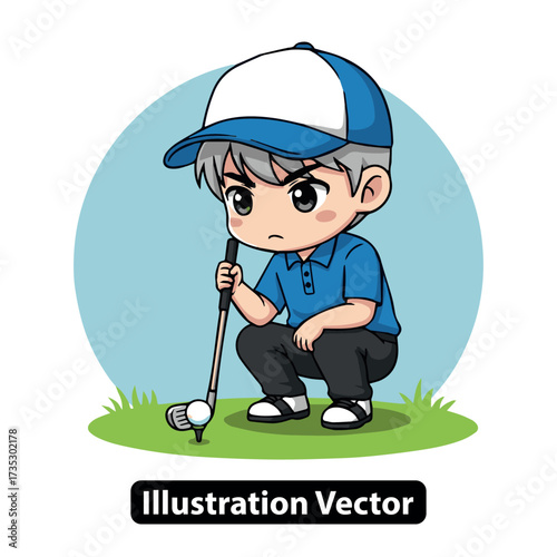 Young golfer concentrates intently, ready to strike the ball on a sunny day concept of precision and skill