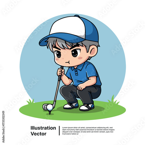 Cute cartoon boy golfer focused on his shot on the green, an adorable illustration of a young athlete