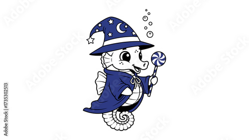 Seahorse Wizard: A whimsical cartoon seahorse, donned in a wizard's robe and hat, with a lollipop, conjuring a sense of magic and wonder in this fantastical underwater scene.