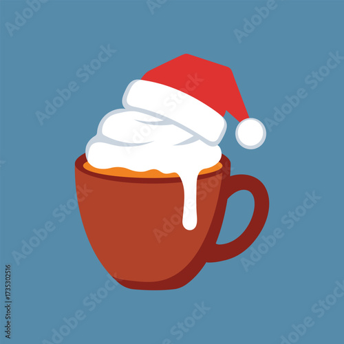 Festive christmas coffee with whipped cream and santa hat icon vector illustration