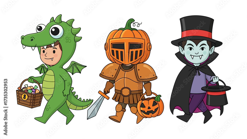 Naklejka premium Halloween Trio: A lively collection of children in whimsical costumes, each embarking on a spirited trick-or-treat adventure. Their vibrant attire embodies the festive spirit.