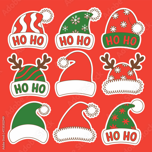 Collection of festive christmas santa hats and reindeer antlers adorned with snowflakes and ho ho text on a red background