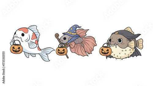 Halloween Fishes Illustration: Whimsical illustrations of three different fishes, each carrying a pumpkin basket and ready for Halloween.