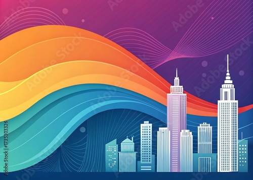 Vibrant rainbow waves flow over modern city skyline