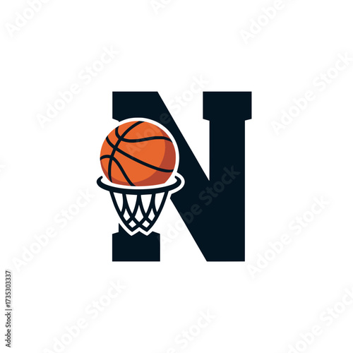 Basketball Letter N Logo with Hoop and Ball, Stylish basketball logo featuring the letter N integrated with a hoop and ball, ideal for sports branding and team identity.

